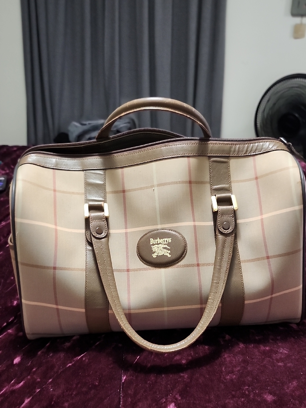 Burberrys Vintage Beige Plaid Satchel Handbag with Brown Trim - Picture 3 of 12